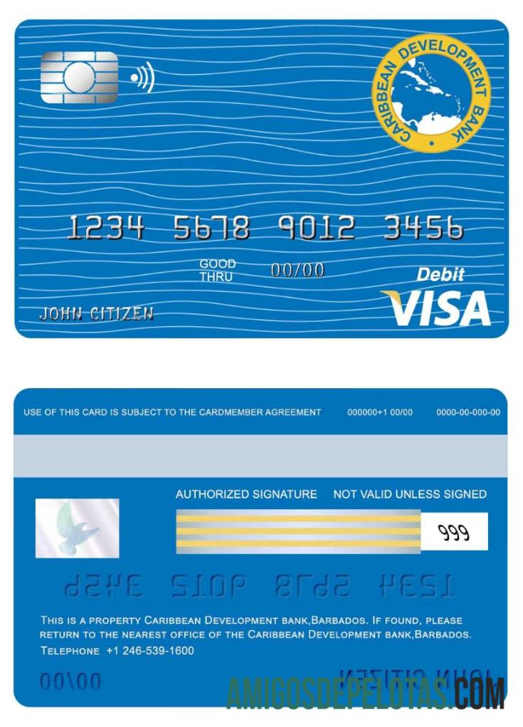 Cartão Visa do Banco de Desenvolvimento do Caribe de Barbados exemplo real